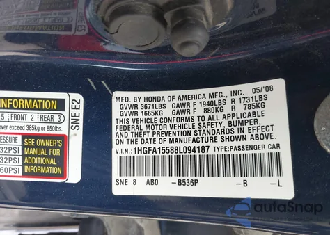 2008 Honda Civic Lx z USA, uszkodzony, nr VIN 1HGFA15588L094187